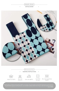 Detail view of colorful knit tote bag showing intricate dot and diamond woven textures