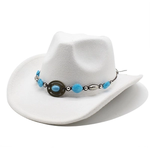 Western Cowboy Hat Cotton Polyester Felt Wide Brim Bohemian Ethnic Turquoise Bead Vintage Buckle Retro Fedora Men Women