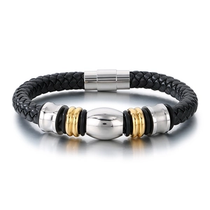 Bracelet tendance en cuir tressé pour homme avec fermoir en acier argenté et doré brillant