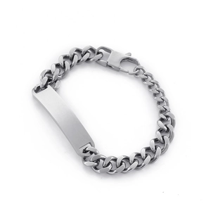 Silver Cuban link bracelet with rectangle engravable plate and lobster clasp for men