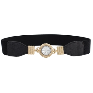 Elastic black waist belt with golden buckle and crystal centerpiece on white background