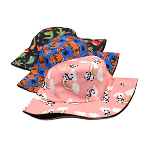 Three-pack kids cotton bucket hats featuring cute panda, lion, and dinosaur prints