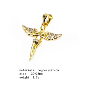 Macro shot of gold plated copper angel pendant with zircon inlays and dimensions
