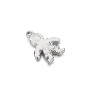 Polished stainless steel boy charm pendant with embossed bubble patterns on white background