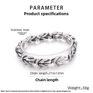 Detail showing vintage stainless steel woven knot bracelet with dimensions 210x13mm