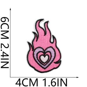 Detailed view of pink and purple heart flame embroidery patch with size dimensions