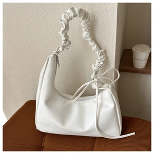 White pleated shoulder bag for women, stylish faux leather hobo underarm handbag for daily.
