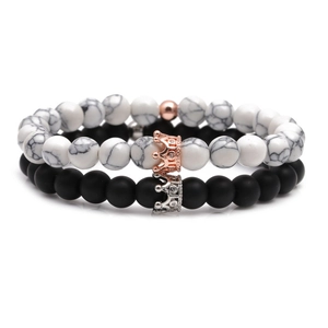 Couples crown beaded bracelets with white marble stone and matte black onyx beads