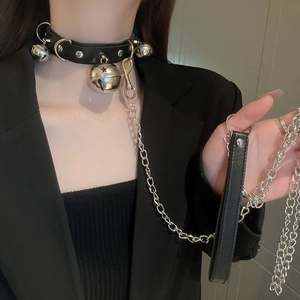 Gothic black leather choker set with large silver bell and metal chain leash for women