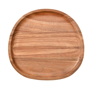 Irregular round acacia wood serving plate for pizza and snacks on white background