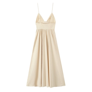 Elegant beige poplin midi dress with spaghetti straps and flared waist on white background