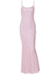 Robe longue moulante rose à imprimé cerise avec bretelles fines pour femmes