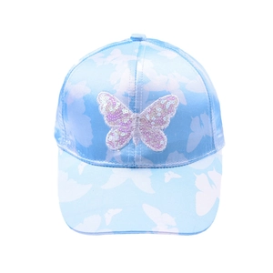 Kids light blue baseball cap with shiny butterfly sequin embroidery and pattern