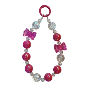 Adorable pink beaded phone strap keychain with iridescent crystal beads and bow accents