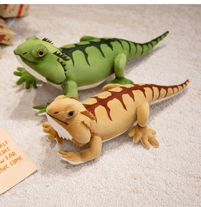 Detailed plush iguana and bearded dragon soft toys lying on a cozy white rug