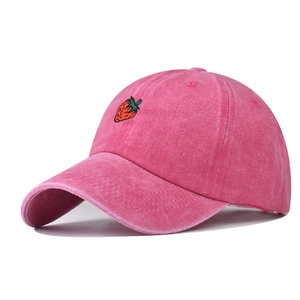 Washed distressed strawberry embroidery baseball cap in deep pink vintage cotton fabric