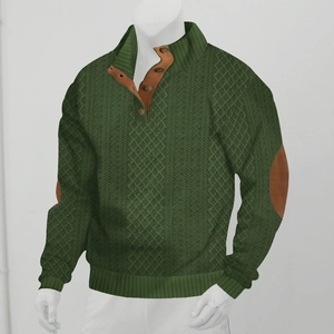 Detail of forest green knit sweater showing brown patches on elbows and neck stand collar