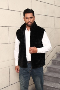 Mens black faux fur vest with stand collar over white shirt for autumn winter style