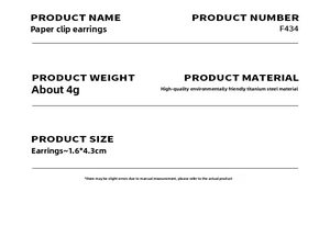 Detail sheet for safety pin earrings showing 1.6x4.3cm size and 4g weight specs