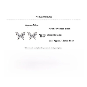 Detail showing delicate zircon butterfly earrings with dimensions 1.8cm by 1.6cm