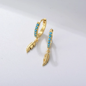 925 Sterling Silver Turquoise Feather Hoop Earrings Boho Vintage Huggie Earrings For Women Western Style Jewelry Gift