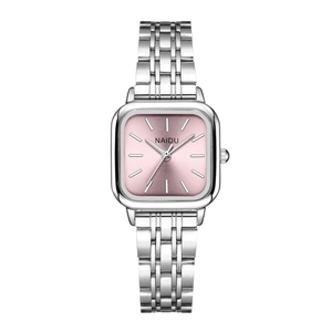 Detail view of square silver steel watch featuring a pink sunray dial with bar markers
