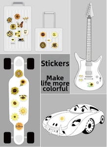Detailed stickers showing sunflower patterns and inspirational quotes on various items