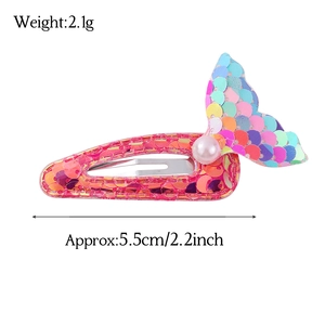 Pink sequin mermaid tail hair clip with pearl detail and size dimensions shown