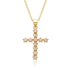 Golden hollow cross necklace pendant with micro-set white cubic zirconia stones