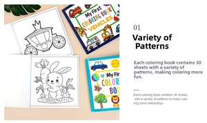 Detail showing kids coloring book set with 30 sheets of diverse vehicle and animal patterns