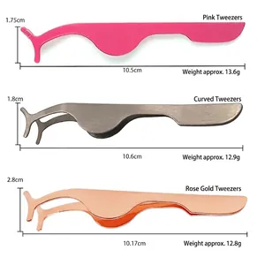 Three-piece stainless steel eyelash tweezers set in pink, matte, and rose gold finish