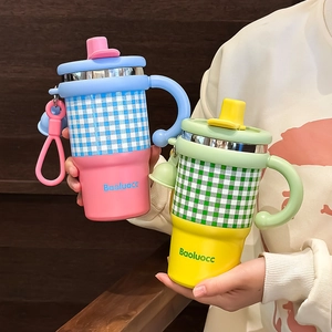 Insulated Coffee Mug Stainless Steel Ceramic Liner With Straw Handle Portable Plaid Vacuum Flask For Home Office Travel