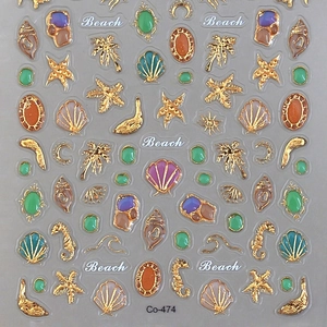 3D gold-rimmed ocean beach nail art stickers with seashells and palm trees design
