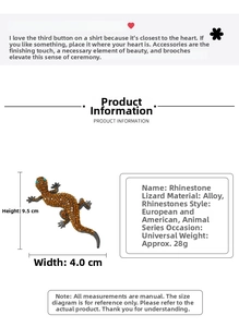 Detailed size specifications for the amber crystal lizard brooch measuring 9.5cm by 4.0cm