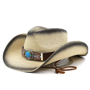 Classic bohemian western cowboy straw hat with gradient weave and turquoise leather band