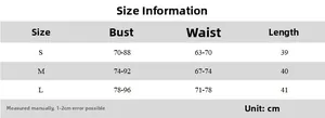 Detailed size chart with bust, waist and length measurements for the lace top