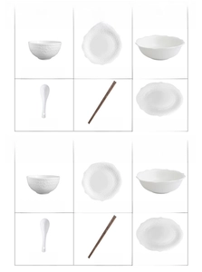 Detail view of embossed white ceramic tableware set with plates and bowls specifications