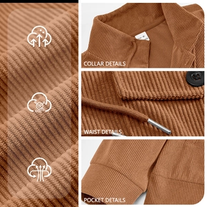 Men's brown corduroy jacket with collar detail, drawstring waist and multi-pocket design