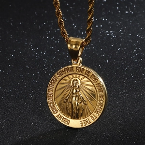Classic gold stainless steel Saint Mary circular pendant necklace with twisted rope chain