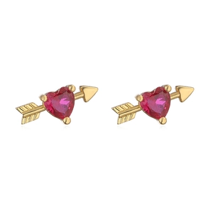 Golden cupid heart stud earrings featuring red heart-shaped stones and arrow design