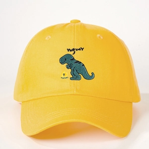 Yellow cotton baseball cap with green dinosaur embroidery and Hugger text detail