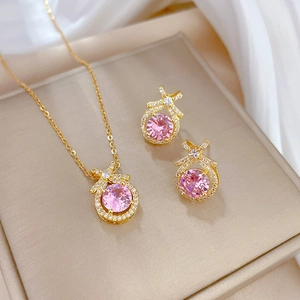 Bow Necklace And Earrings Jewelry Pink Crystal Zircon Gold Plated Titanium Steel With Silver Earring Post Elegant Women