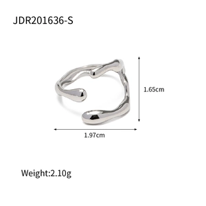 Detailed view of silver open ring showing irregular liquid lava design with dimensions