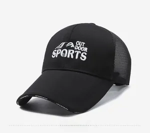 Detail of outdoor sports baseball cap featuring mountain embroidery and breathable mesh back