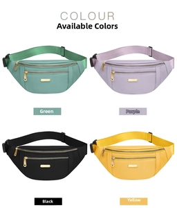 Detailed grid view of nylon waist bags in green, purple, black, and yellow color options