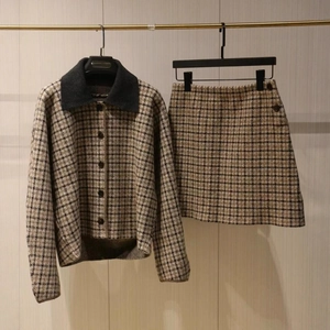 Ensemble Plaid Top And Bottom pour Femme Vintage Col Contrasté Veste à Manches Longues et Mini Jupe Trapèze en Polyester