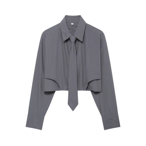 Women Long Sleeve Shirt With Tie Elegant Polyester Solid Color Single Breasted Button Up Crop Top Fashion Blouse