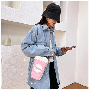 Pink coffee cup-shaped crossbody bag with white grid pattern and gold chain strap