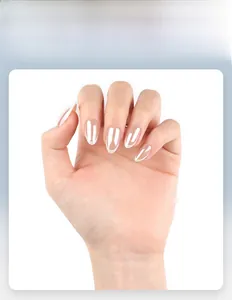 Macro detail of glossy long almond press-on nails in elegant jelly white finish