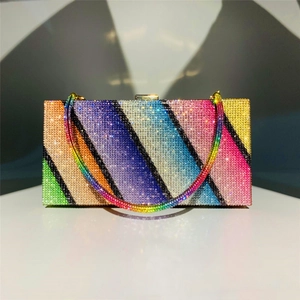 Sparkling rainbow rhinestone evening clutch bag with crystal handle and metal clasp